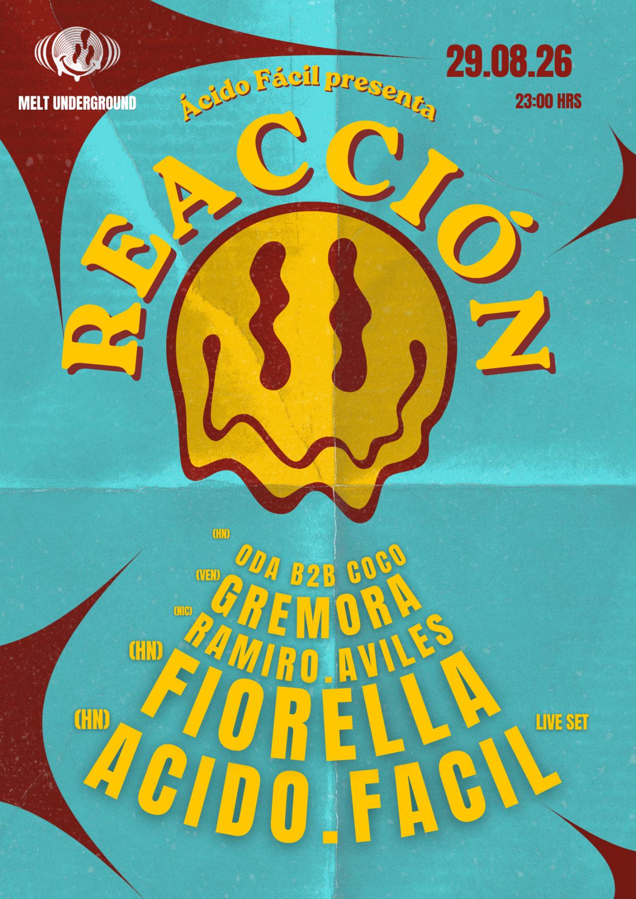 Flyer de Ácido Fácil encontrar joda a fin de mes! — ACIDO FACIL, ODA, COCO y más en Melt Underground, sábado 29 de agosto de 2026