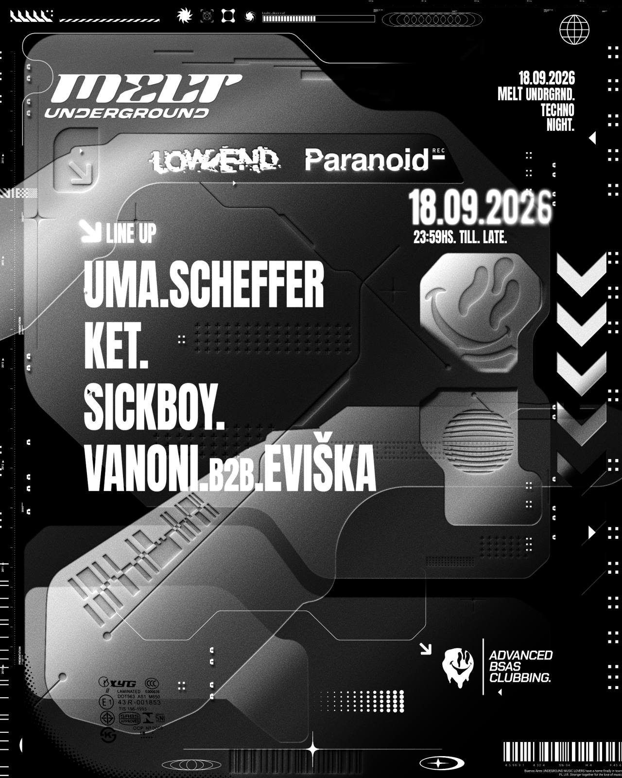 Flyer de LOWEND X PARANOID X MELT — UMA SCHEFFER, KET, SICKBOY y más en Melt Underground, viernes 18 de septiembre de 2026